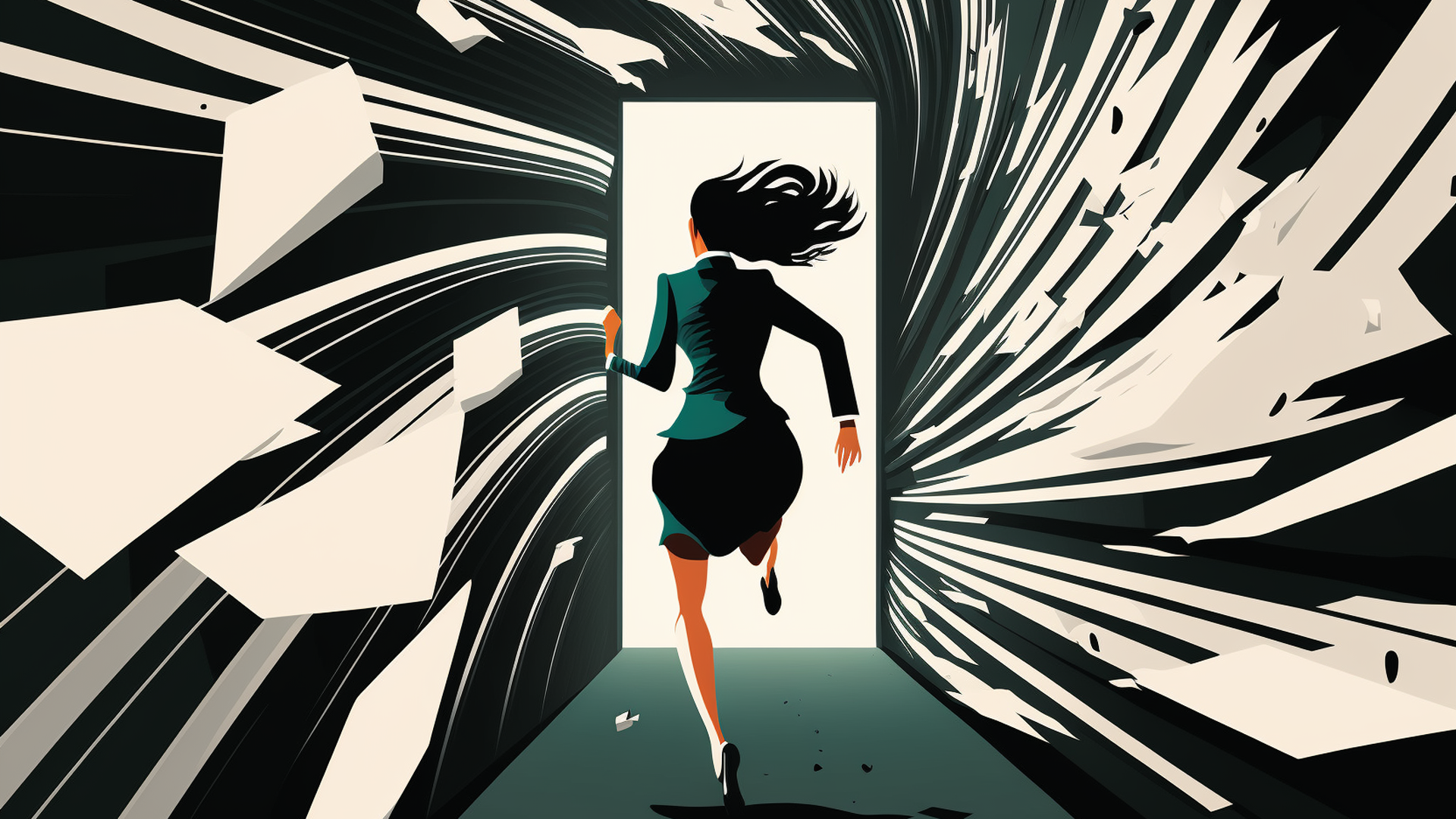 Artistic image of corporate woman running out the door