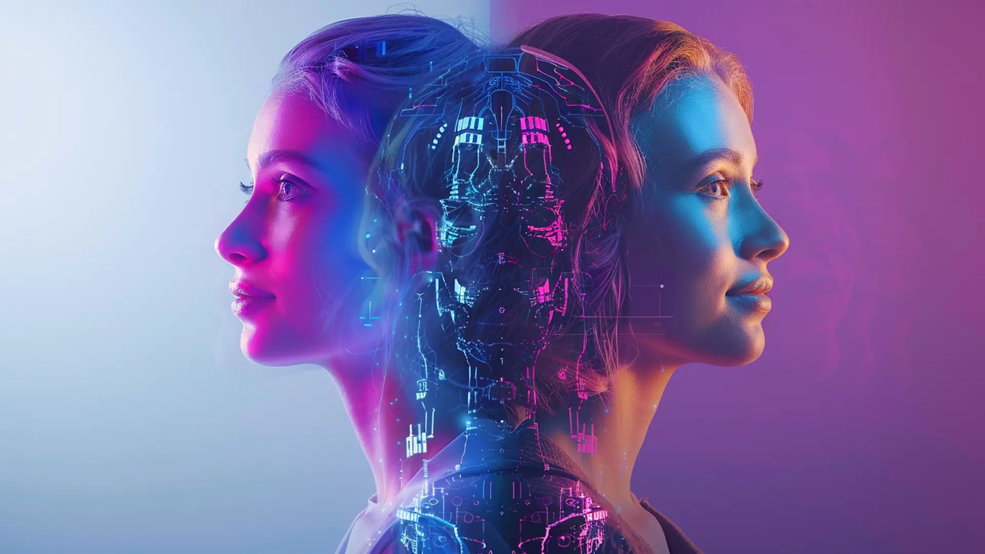 two humans and a robot AI in the middle