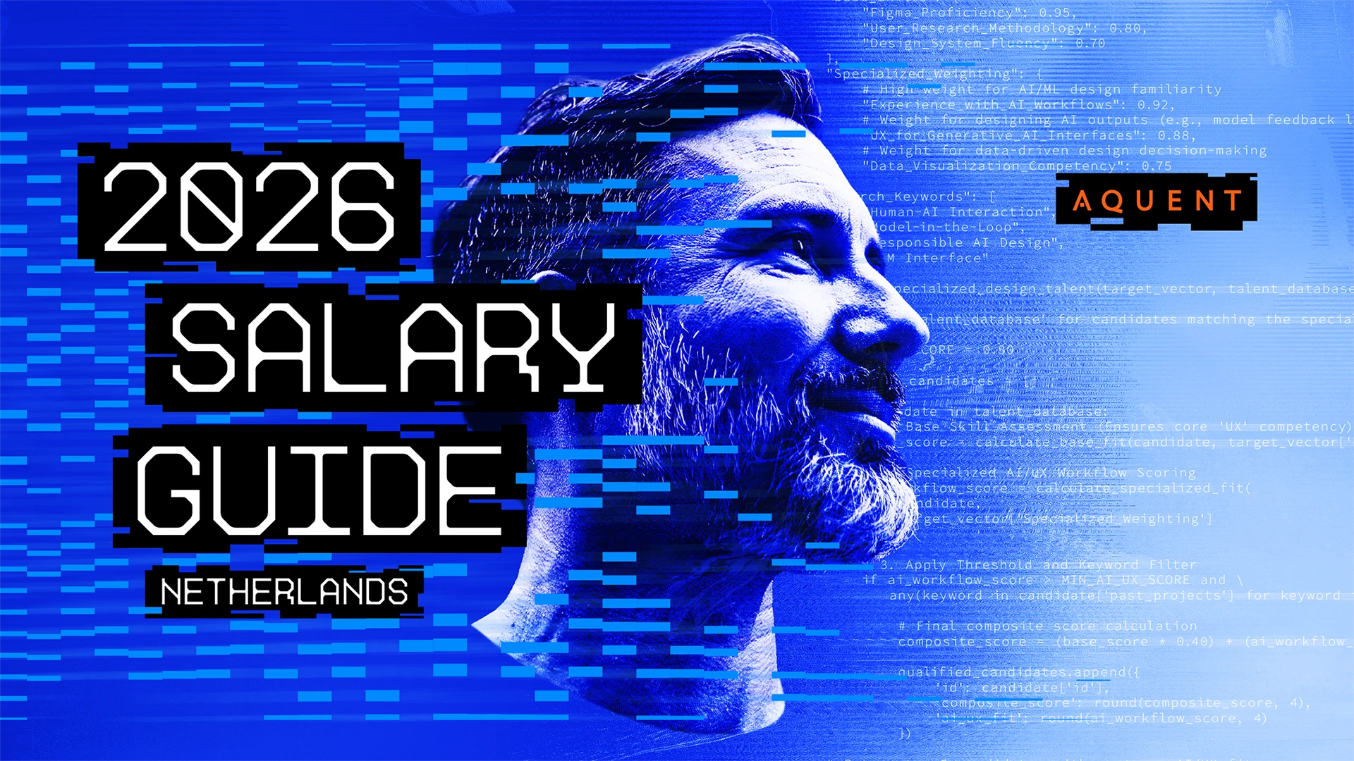 Digital graphic for the Aquent 2026 Salary Guide Netherlands, featuring a blue-toned profile of a smiling man overlaid with glowing code and glitch-style typography.