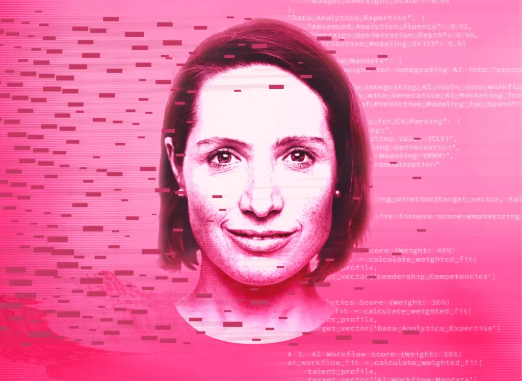 A high-contrast, pink-toned portrait of a woman smiling, overlaid with digital glitch effects and translucent white lines of computer code related to AI data analytics and leadership competencies.