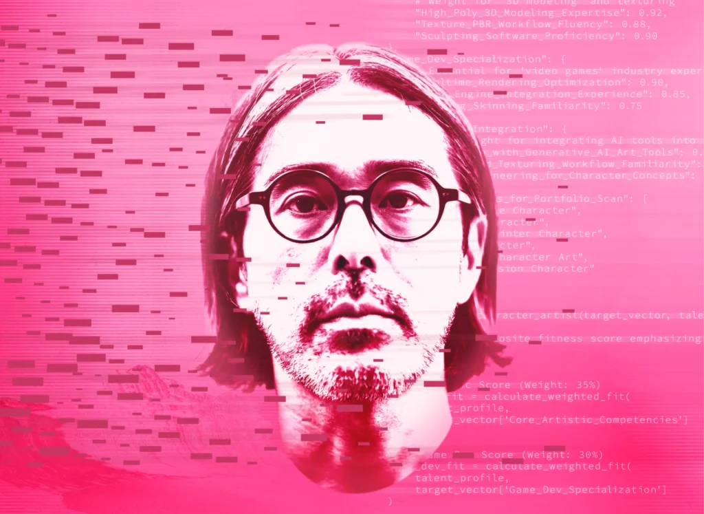 A vibrant, pink-toned portrait of a man with long hair and round glasses, looking directly at the camera. The image features digital glitch effects and translucent white code overlays related to 3D modeling, game development, and AI artistic competencies.